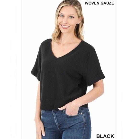 Penna&Pine Tops - Black V-Neck Gauze Crop Top Tee